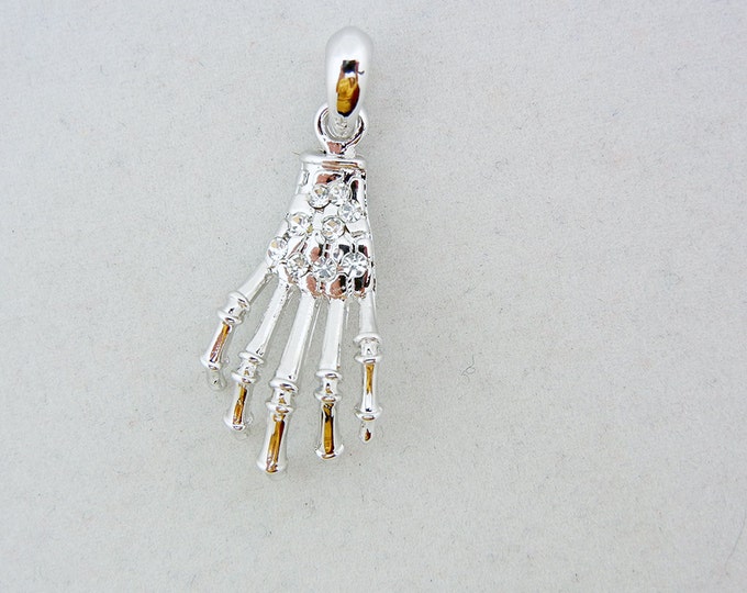 Small Silver-tone Rhinestone Skeleton Hand Pendant