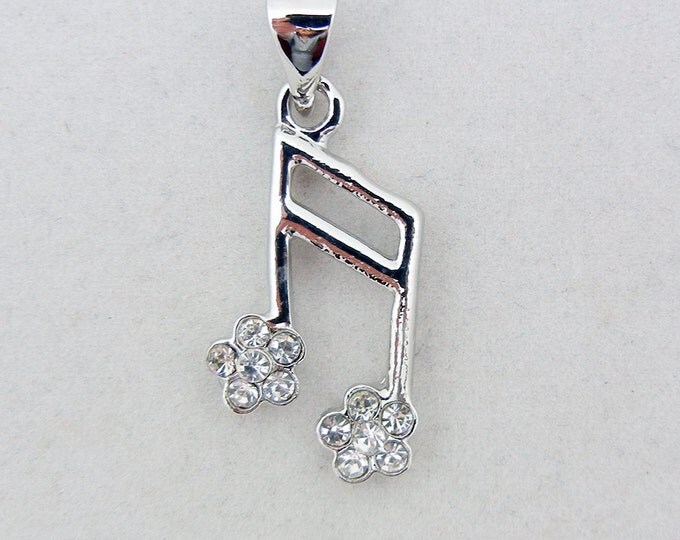 Small Silver-tone Rhinestone Musical Note Charm with Floral Theme Pendant
