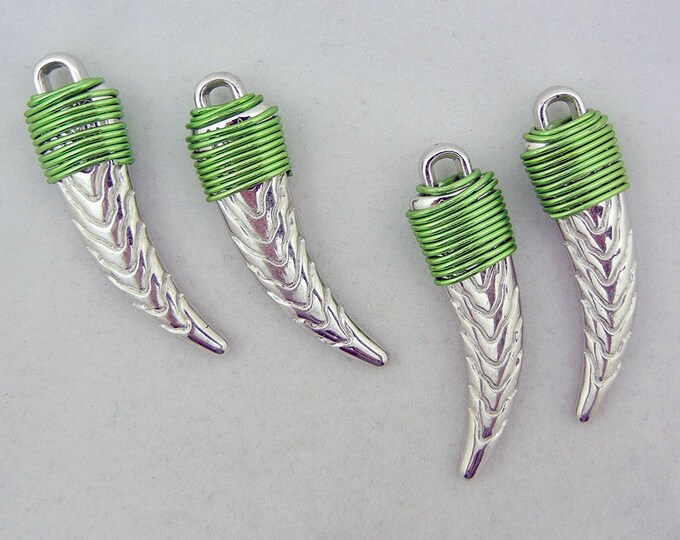 Set of 4 Silver-tone Textured Claw Charms Green or Blue Wire Choose Color