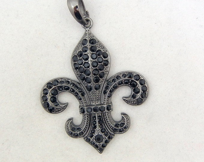 Hematite Fleur de Lis Pendant Black Rhinestones