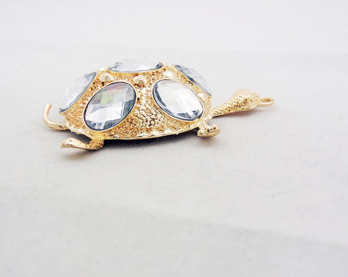 Textured Gold-tone Turtle Pendant with Clear Acrylic Cabochons