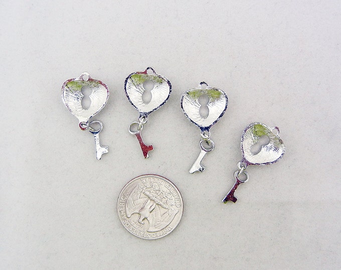 Set of 4 Silver-tone Heart Lock and Key Charms Rhinestones