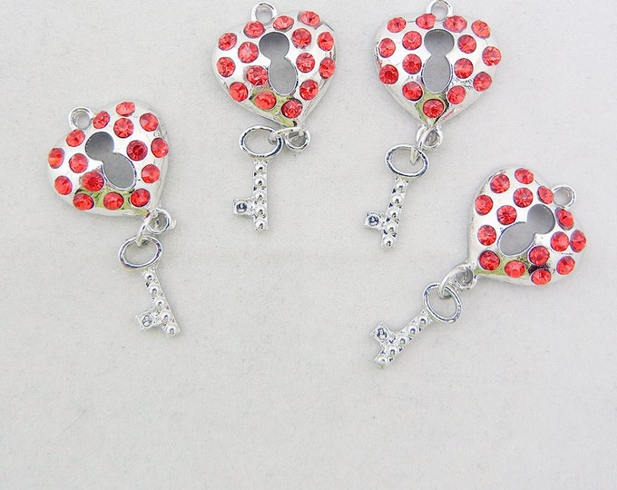 Set of 4 Silver-tone Red Rhinestones Heart Lock and Key Charms