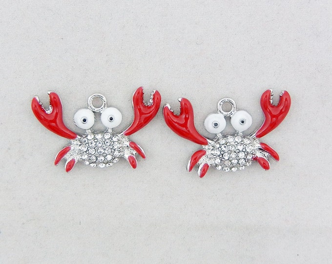Pair of Small Crab Charms Epoxy and Rhinestones