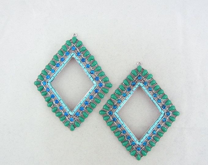 Pair of Silver-tone Green Cabochons, Rhinestones and Blue Seed Bead Drop Charms