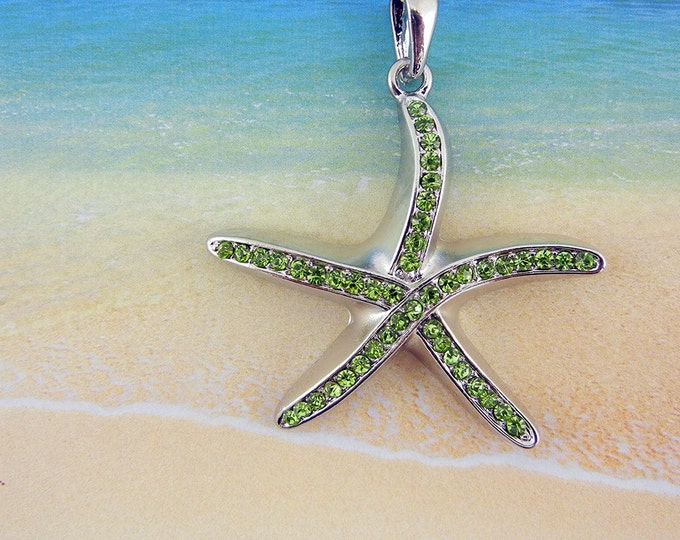 Silver-tone Starfish Pendant Green Rhinestones