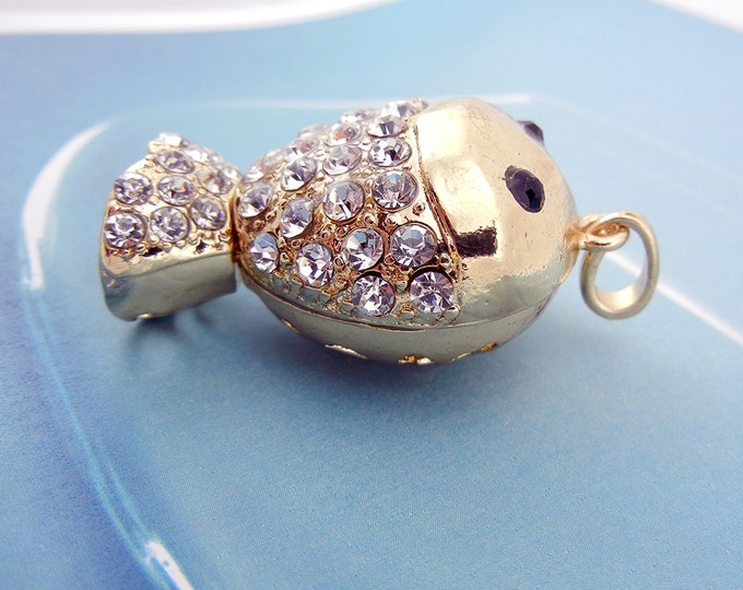 Gold-tone Dimensional Fish Pendant Rhinestones