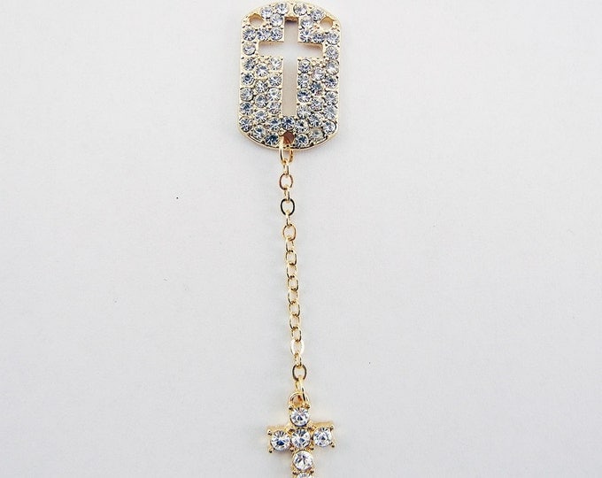 Double Link Cross Pendant Dogtag Style Rhinestones Gold-tone