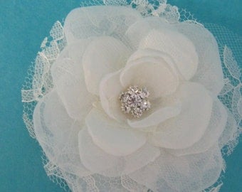 Bridal Hair Flower, Ivory Lace and Organza Rose Hair Clip H164, bridal wedding hair accessory