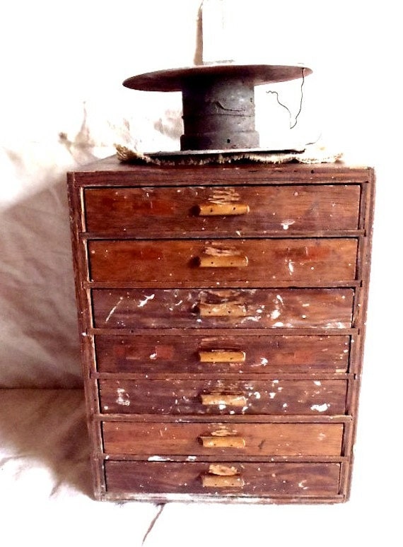 Antique Primitive Machinist Wood Cabinet Featuring 7 Drawers