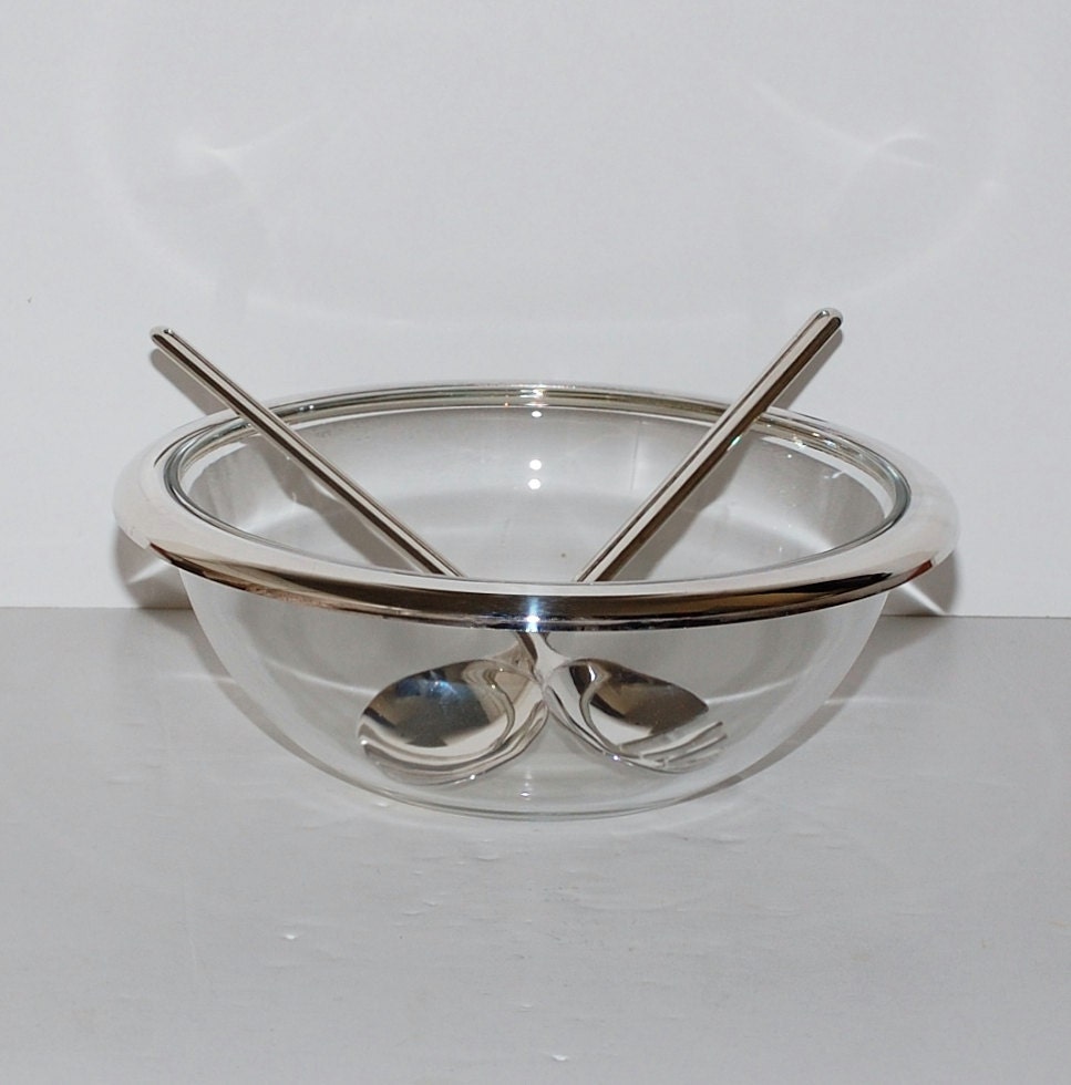Modernist Italy Glass Silver Salad Bowl & Servers Haute Juice