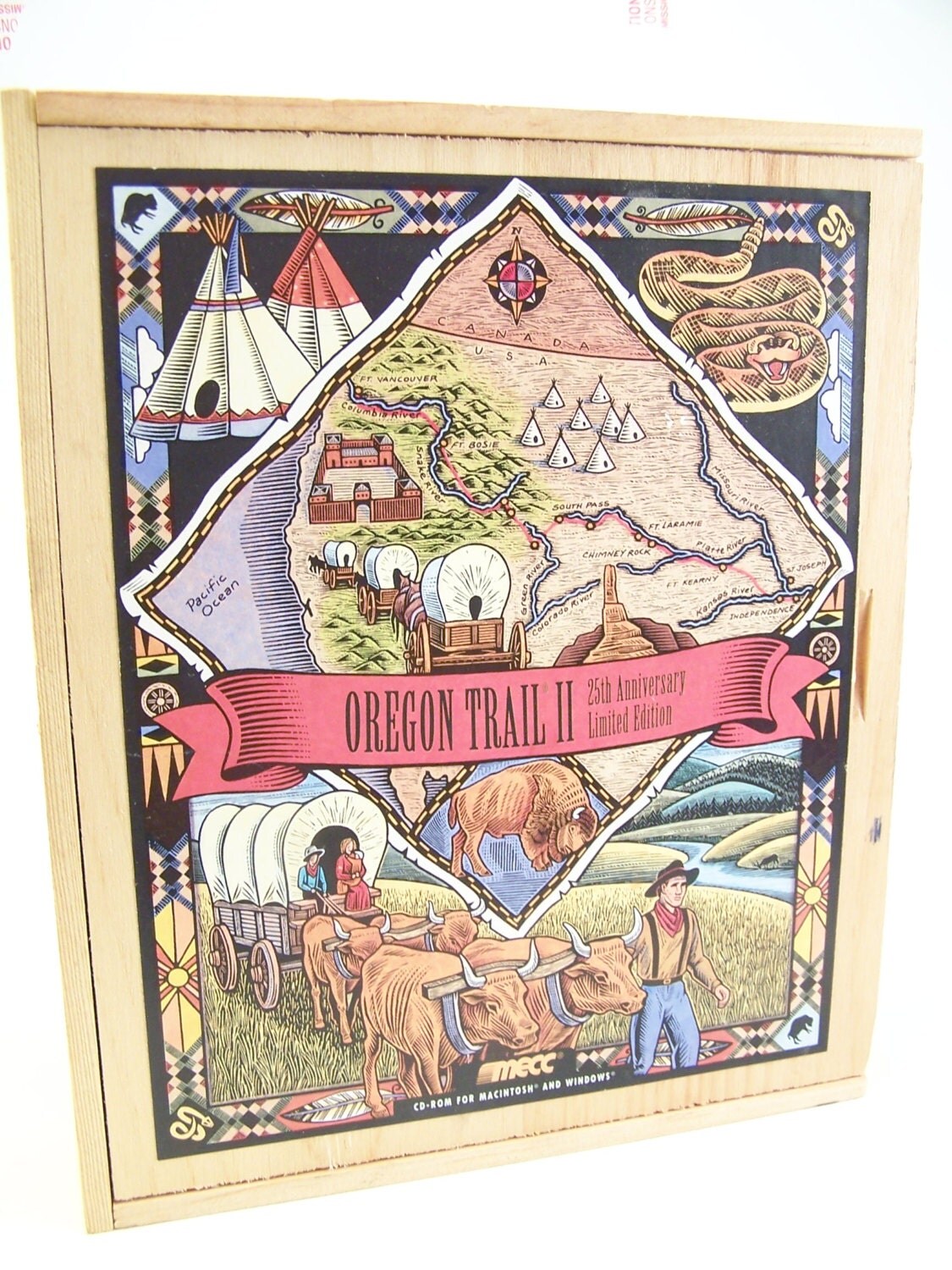 wooden box of oregon trail II game box by mecc american west