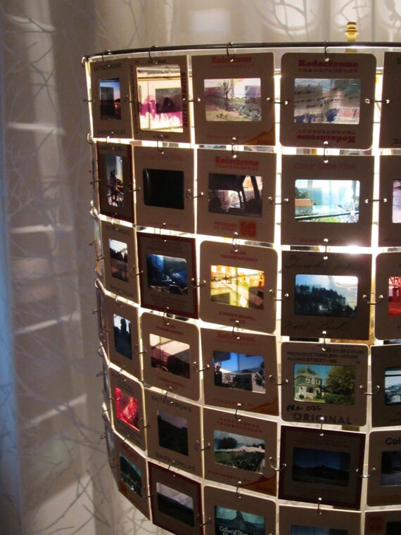 photo slide lamp shade vintage American views on a large drum