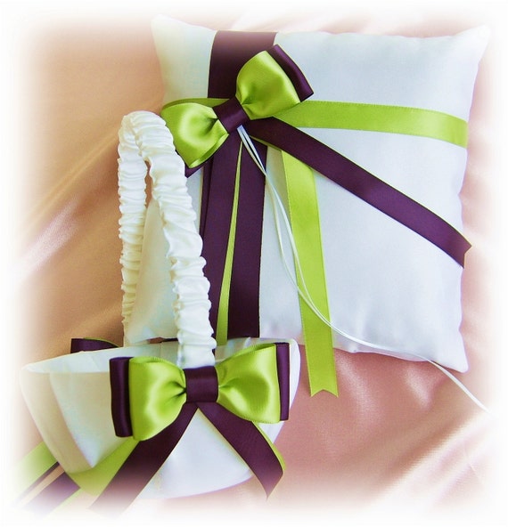 Wedding ring pillow flower girl basket, lime green and eggplant weddings ceremony decor