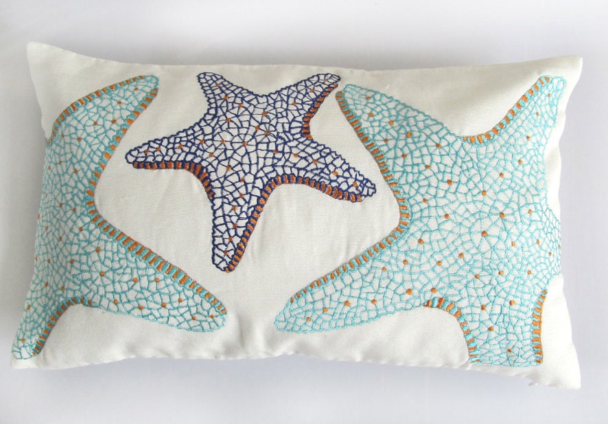 starfish pillow in aqua bluecobalt and orange 12X20 inch