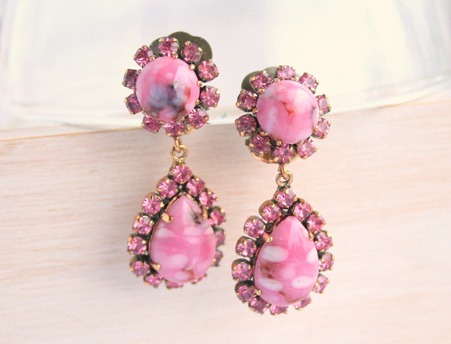 Pink Rhinestone Drop Earrings Vintage West German Pink Art