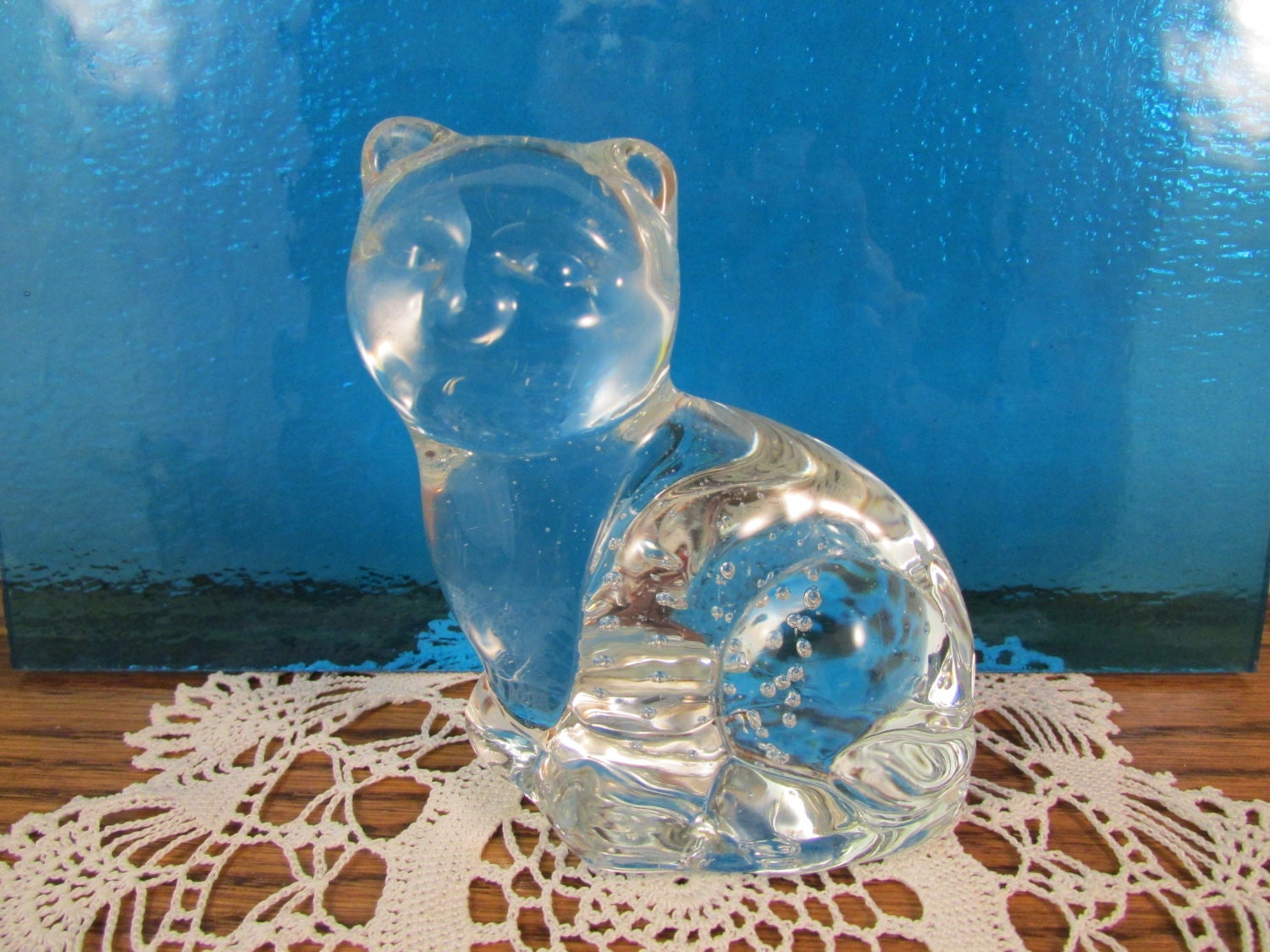 Vintage Clear Glass Cat Paperweight by LadyRoseTreasures on Etsy