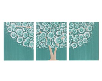 Teal Wall Art Decor - Tree Acrylic Painting on Triptych Canvas - Medium 35x14