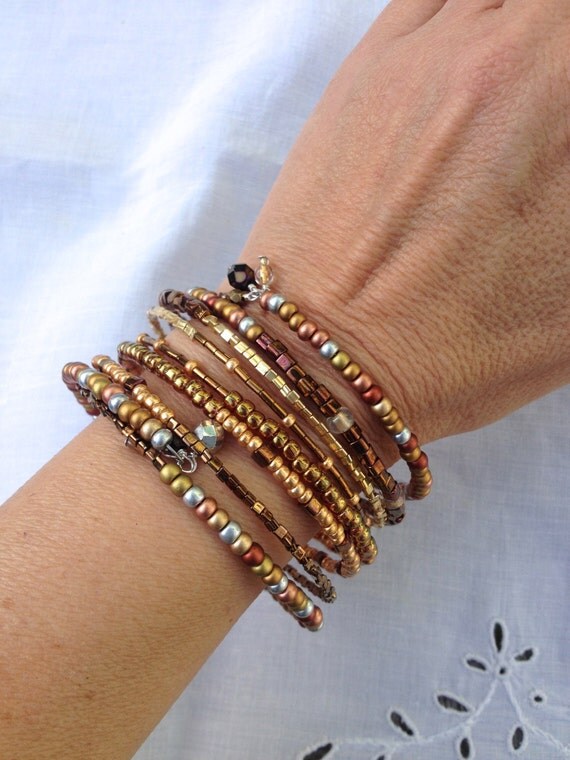 Layered Beaded Wrap Memory Wire Bangle Bracelet The Bronzes