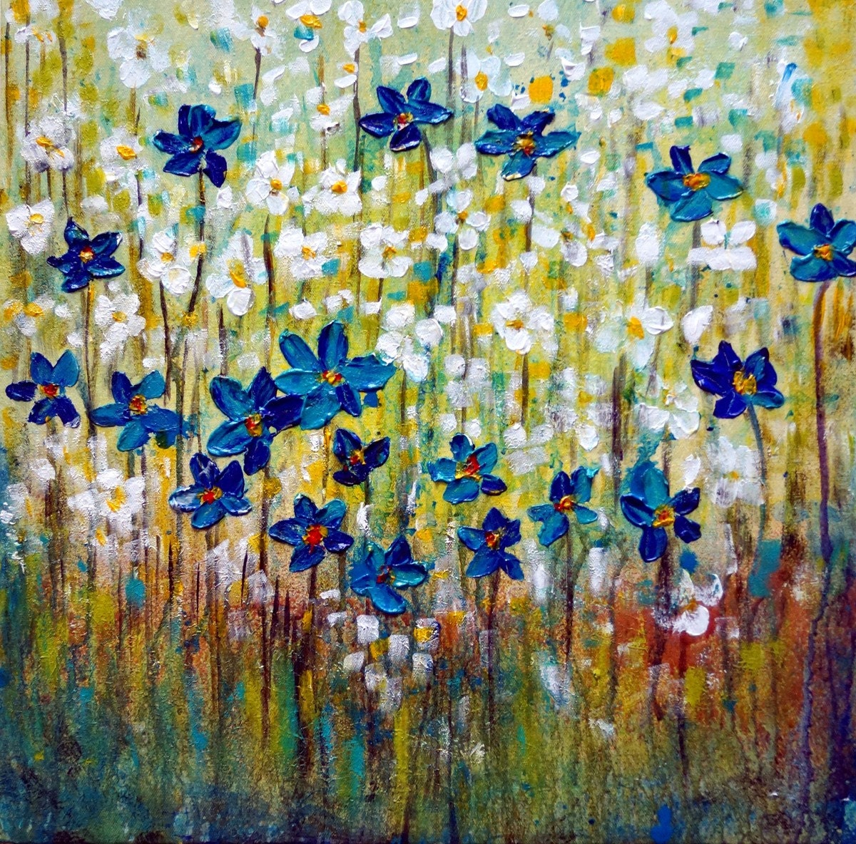 Oil Painting Blue Flowers Impasto Abstract Textured Spring