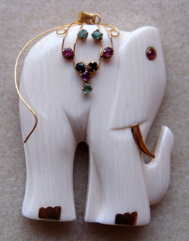 Genuine Ivory Pendant of Elephant W/14K Gold with jewels