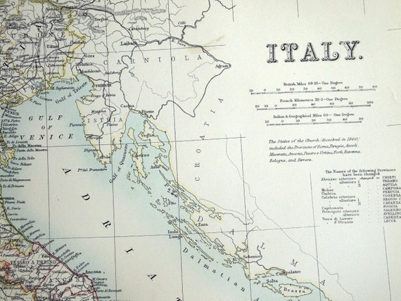 1890 Large Two-Page Antique Map of Italy Antique by bananastrudel