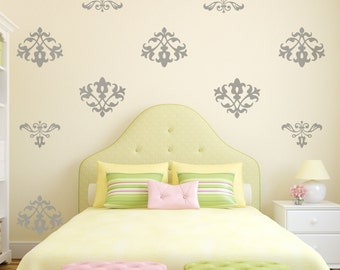 Floral Damask Vinyl Wall Decal Pattern, Shabby Floral Flock Damask- 12 graphics , sticker, wallpaper, item 10006