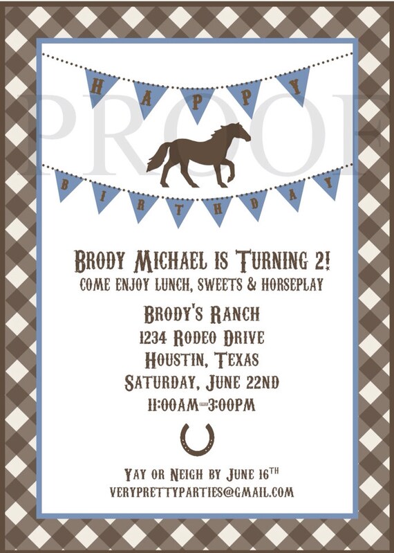DIY Printable Boy Pony Party invitation gingham horse