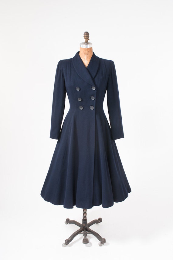 1940s Fitted Navy Blue Wool Coat Vintage Fifth Avenue New
