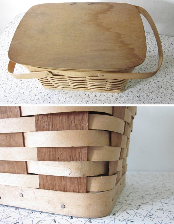 vintage picnic basket / woven wooden picnic basket with