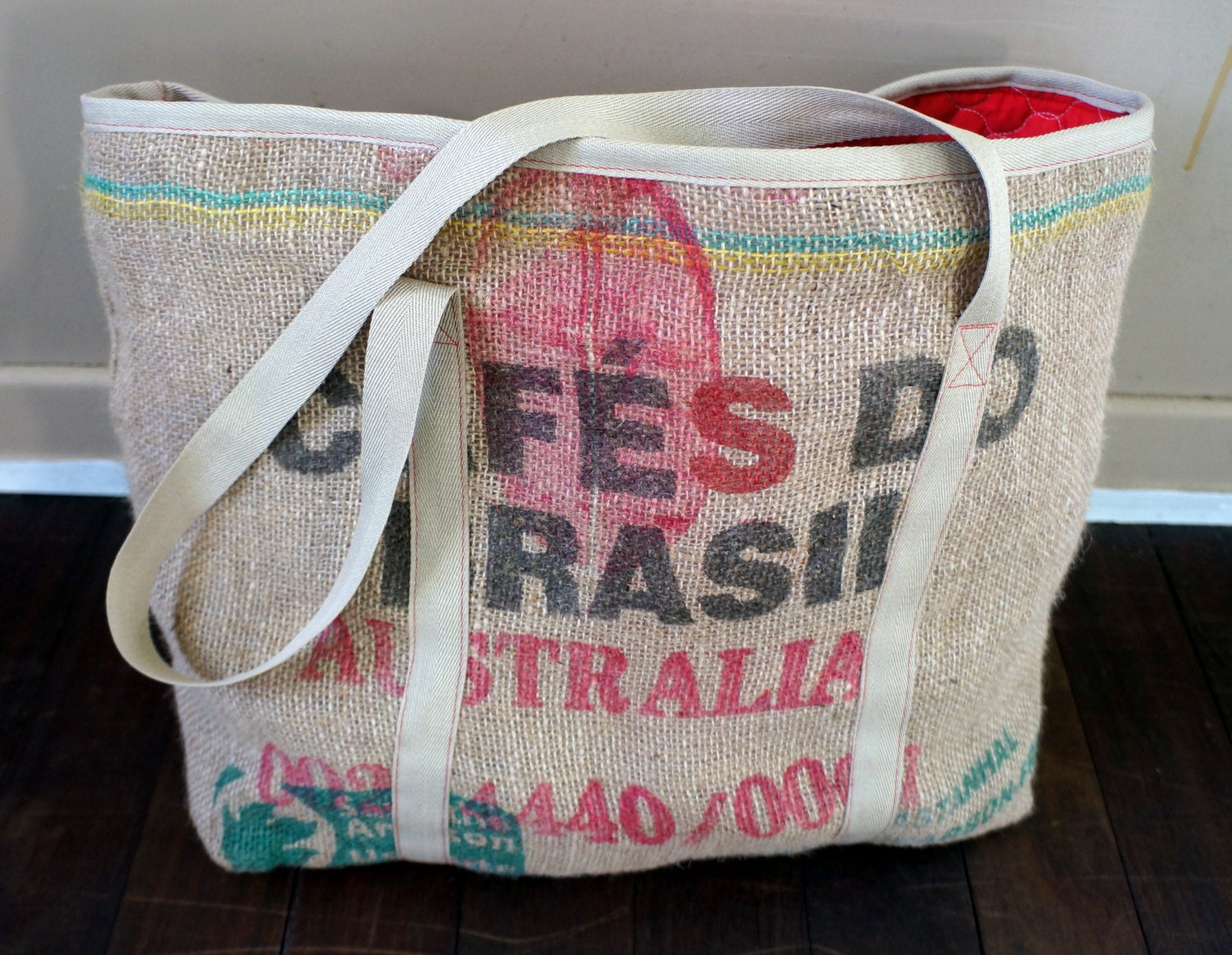 Large tote bag made from recycled coffee bags and lined with