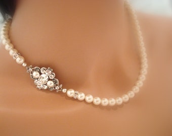 Bridal pearl necklace, Wedding necklace, Bridal jewelry, Vintage style necklace, Swarovski crystal necklace, Wedding jewelry, ASHLYN