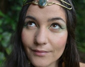 Elven Fairy Pixie Brass Goddess Moss Agate Crystal Stone Leaf Tiara Crown Head Piece OOAK