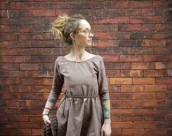 Brown Boat Neck Fitted Dress~Long Sleeve Dress~Winter Dress~Cotton Dress~Fit Flare Dress~Retro Dress~Vintage Dress~Plus Size Dress~Fall