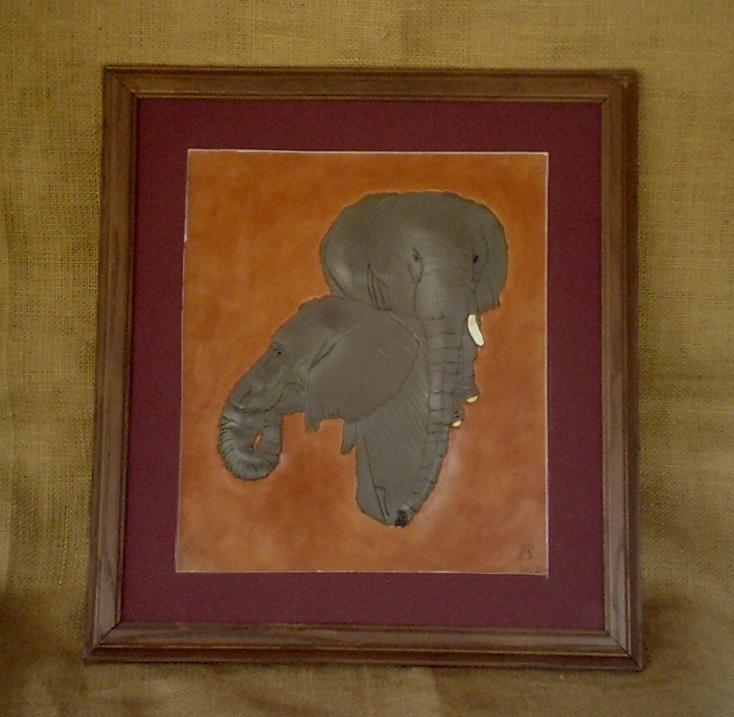 Hand Carved 3D Leather Art Elephants 16 x 14 by apheffler