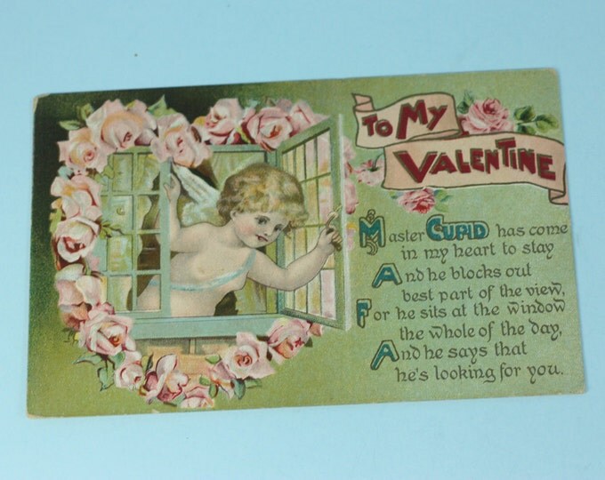 Cupid at the Window Valentine Postcard 1912 Antique Florals Cupid