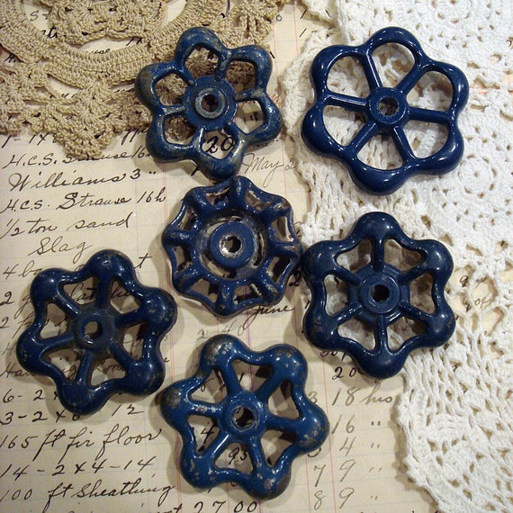 PRICE REDUCED 6 vintage BLUE outdoor faucet knobs perfect