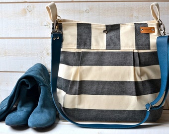Waterproof Black BEST SELLER Diaper bag/Messenger bag STOCKHOLM nautical stripe bag 10 Pockets - denim taurillon blue strap