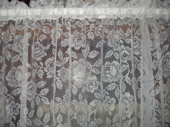 VINTAGE white floral opened roses lace net curtains by ...