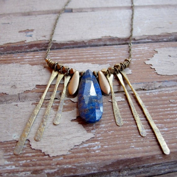 Cicada Blue - Hand crafted Brass Necklace - Lapis Lazuli Stone Necklace - Artisan Tangleweeds Jewelry