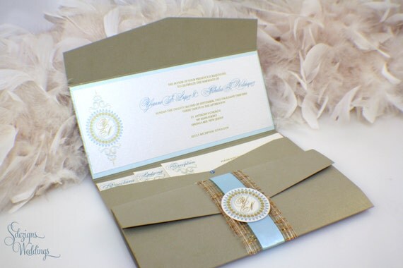 Gold Wedding Invitation | Golden | Beauty | Monogram | Seal | Unique | Pattern | Elegant | Sparkle | Blue | Metallic Il_570xn