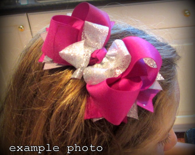 Back to School Pink Preppy Plaid Boutique Hair Bow 3 Layers of Ribbon and Spikes Black Gray