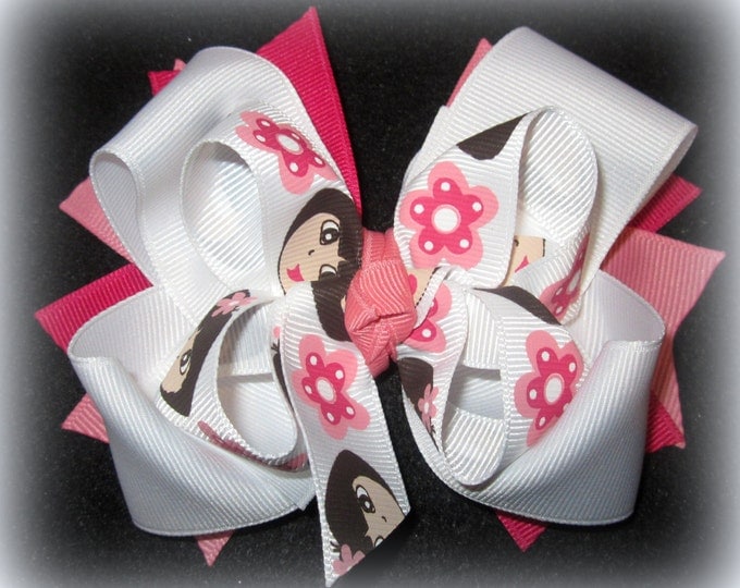 Dora hairbow, Dora hair bows, Dora the Explorer, Boutique hairbows, Stacked Bows, triple layered bows, Latino hairbow, Spanish Hair Bows,