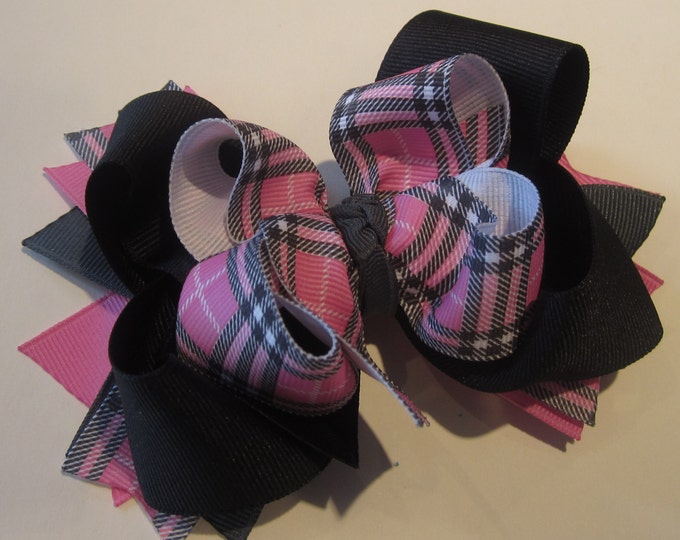 Back to School Pink Preppy Plaid Boutique Hair Bow 3 Layers of Ribbon and Spikes Black Gray