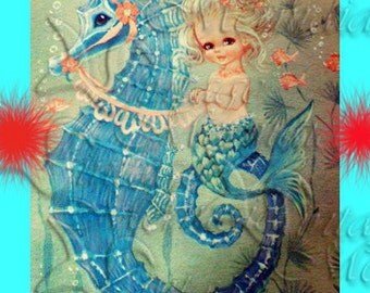 VINTAGE MERMAID Fabric 1950's Retro Baby Mermaid Quilt Fabric Block Mermaid illustration merb25.