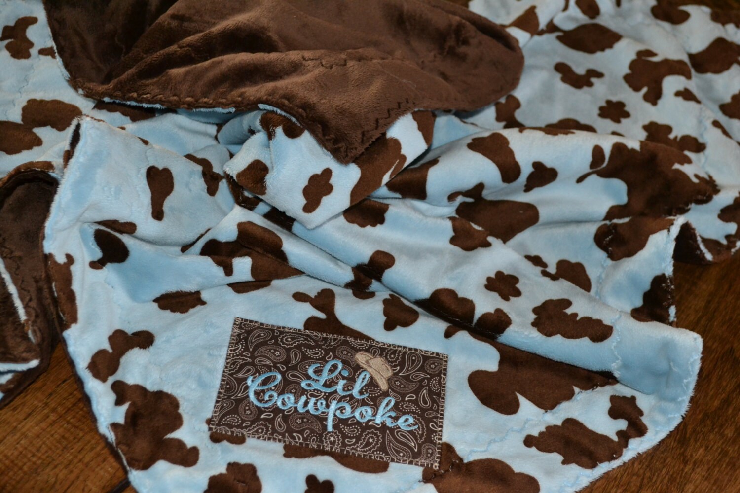 Western Cowboy Baby Minky Blanket Cow Print Blue Embroidered