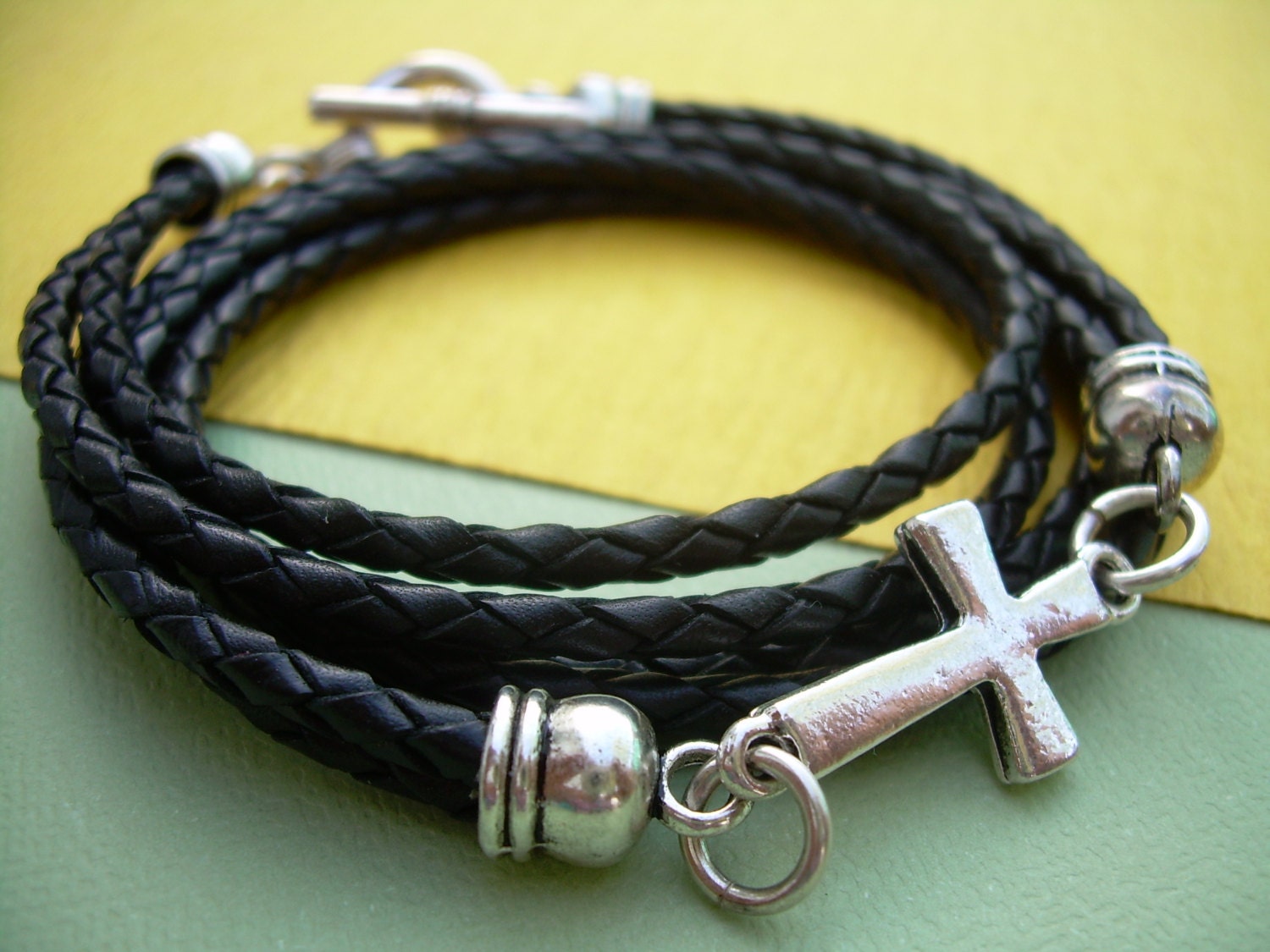 Black Braided Leather Bracelet Cross Bracelet Toggle