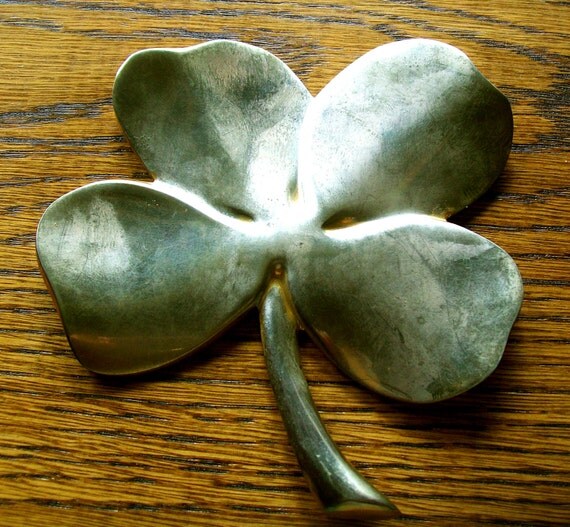 Vintage Brass Shamrock Paperweight Four Leaf Clover St