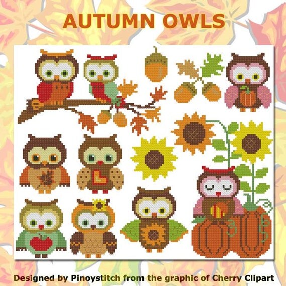 Autumn Owls Mini Collection Cross Stitch PDF Chart Owl with autumn wreath cross stitch pattern cute owlet cross