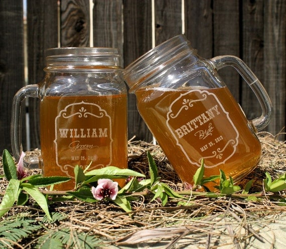 Toasting Glasses,Etched Mason Jar Glasses, 16 ounce. Rustic Wedding Barn Decor, Personalized Wedding Gift, Bridal Shower Gift, Mr & Mrs